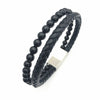 Black Genuine Leather, Matte Silver Clasp, Nature Black Agate Stone