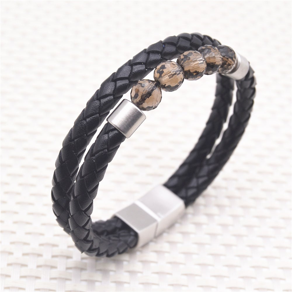 Black Genuine Leather, Matte Silver Clasp, 128 cut-faceted natural crystal